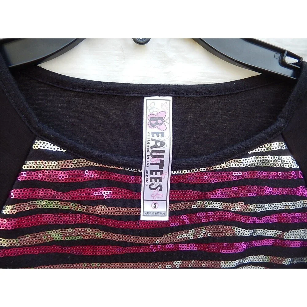 Beautees Girls T-Shirt Top Sz S 3/4 Sleeve High-Low Round Neck Relaxed Sequin - Picture 5 of 8
